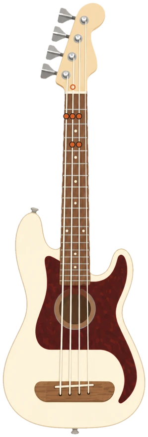 A Fender Fullerton uke bass with the six notes of line No. 1, I'm Your Pusher, lit in orange on the fretboard